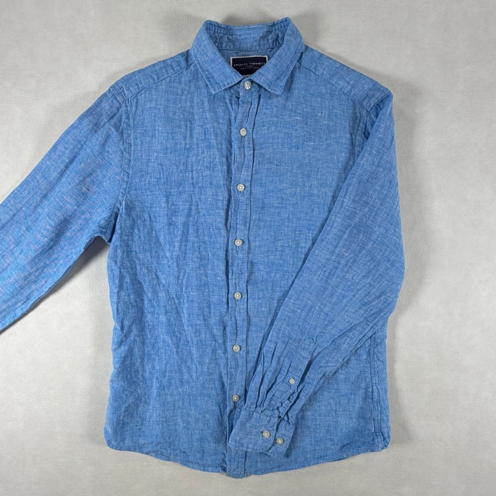 Charles Tyrwhitt Mens Small Slim Fit 100% Linen Button Down Shirt Light Blue